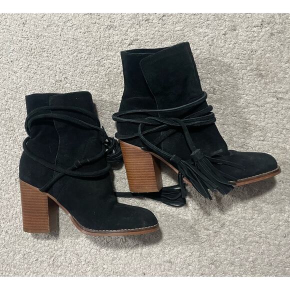 Aldo Contessina Ankle Boots Tie Womens Sz 7 Leather Black Almond Toe Stack Heel - Picture 2 of 11